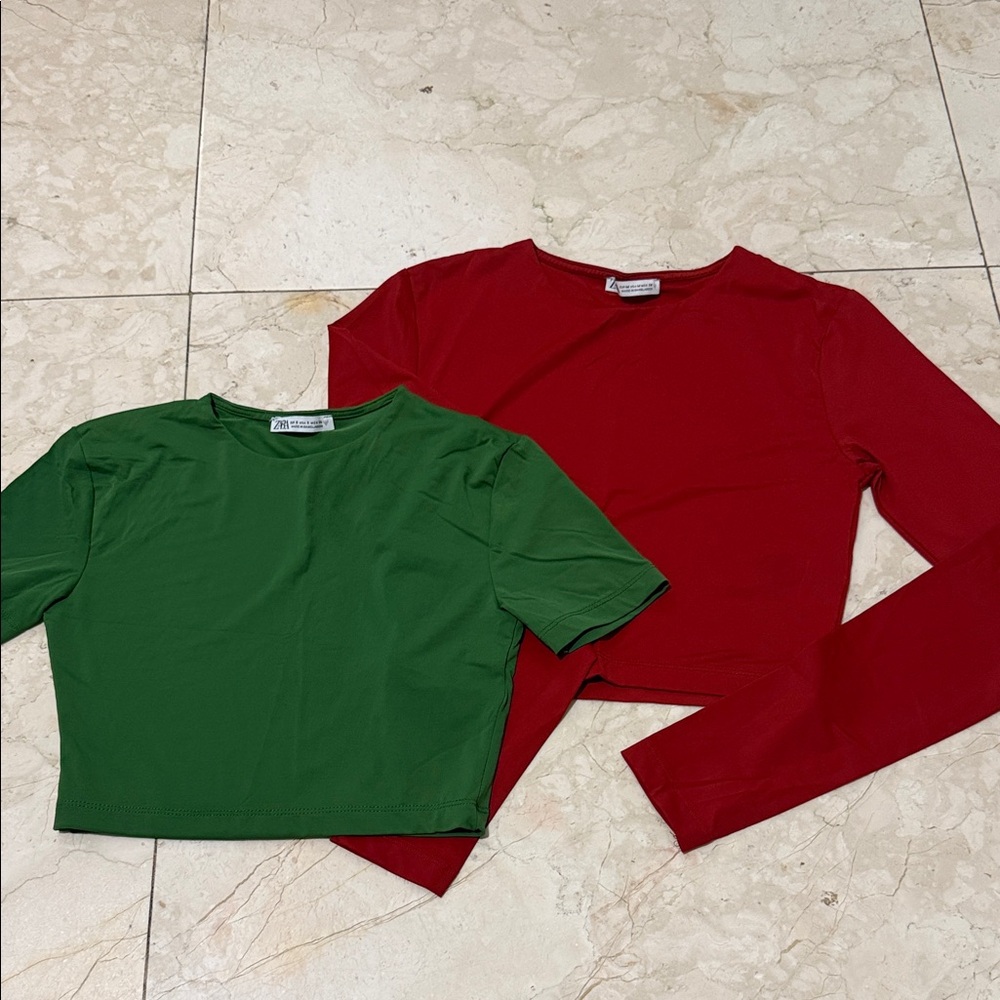 Zara Vibrant Red and Green Crop Tops